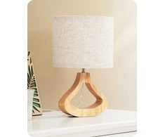 EDISHINE stalinė LED lempa su lino audinio gaubtu ir 4 W E27 lempute, 34 cm aukščio, šviesaus medžio pagrindu
