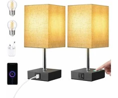 EDISHINE stalinė LED lempa su reguliuojamu ryškumu, 2 USB jungtys, komplekte 2 vnt., lininiu gaubtu