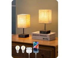 EDISHINE stalinė LED naktinė lempa su reguliuojamu ryškumu, USB-A ir USB-C krovimo prievadais, E27, 2 vnt. komplektas