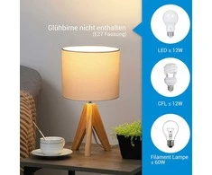 EDISHINE stalinis šviestuvas, E27 lizdas, medinis stovas, baltas lino gaubtas, 36 cm aukščio