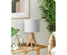EDISHINE stalinis šviestuvas, E27 lizdas, medinis stovas, baltas lino gaubtas, 36 cm aukščio