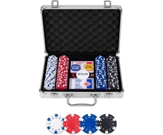 Engelhart pokerio rinkinys su 200 žetonų 11,5 g aliuminio dėkle, 2 kaladės kortų, 3 mygtukai