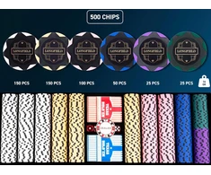 Engelhart pokerio rinkinys su 500 žetonų, 14 g, dviem kaladėmis ir juodu lagaminu, 320960