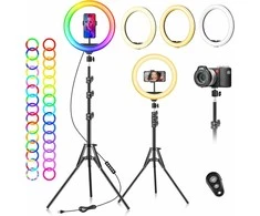 FGRYB 10 cm RGB LED žiedinė lempa su statyvu, reguliuojama spalva ir ryškumu, modelis MJ26, tinka makiažui, fotografijai, vaizdo įrašams, selfiams
