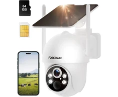 FOSSENXE 4G lauko apsaugos kamera su saulės baterija, 2K 4 MP PTZ, SIM kortelė, 64 GB atmintis, IP66, PIR judesio jutiklis, F15