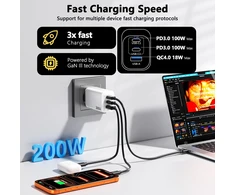 GaN Tech USB-C kroviklis 200 W, 3 jungtys, greitasis įkrovimas, PD, PPS, USB-C / USB-A, 2 m kabelis