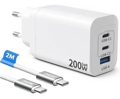 GaN Tech USB-C kroviklis 200 W, 3 jungtys, greitasis įkrovimas, PD, PPS, USB-C / USB-A, 2 m kabelis