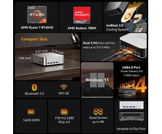 GEEKOM A8 MAX R7 mini kompiuteris su AMD Ryzen 7 8745HS, 16 GB DDR5 RAM ir 1 TB NVMe SSD