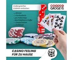 GOODS+GADGETS pokerio rinkinys su aliuminio lagaminu, 300 žetonų, kortos, kauliukai, sidabrinis