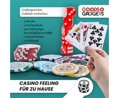 GOODS+GADGETS pokerio rinkinys su aliuminio lagaminu, 500 žetonų, kortos, kauliukai, sidabrinis