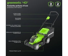 Greenworks akumuliatorinė vejapjovė 41 cm su 2 × 40 V 2 Ah akumuliatoriais G40LM41K2XF