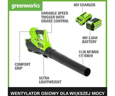 Greenworks akumuliatorinis lapų pūstuvas 40 V, 177 km/h, 11.05 m³/min, G40ABK2