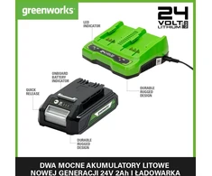 Greenworks akumuliatorių ir dviejų lizdų įkroviklio rinkinys 24 V 2 Ah GSK24B2X