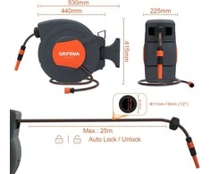 Grifema automatinė laistymo žarnos ritė, 25 m, sieninė, sukiojama 180°, G301-25