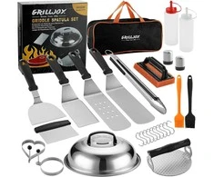 Grilljoy nerūdijančio plieno grilio įrankių rinkinys su burgerių spaustuvu, 28 dalių, CM-EU-C6-B-2