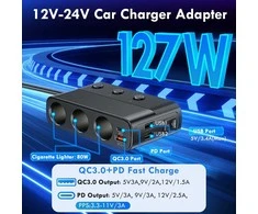 Hoembpn automobilinis 12/24 V šakotuvas 3x lizdai + 4x USB PD QC3.0, 127 W