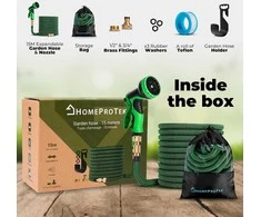 Homeprotek sodo laistymo žarna, 15 m, elastinga, su žalvarinėmis jungtimis, 3 sluoksnių lateksas