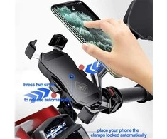 iMESTOU belaidis ir USB motociklo telefono laikiklis su Qi greitu įkrovimu 15W, montavimas ant vairo/lango, modelis M11A