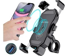 iMESTOU belaidis ir USB motociklo telefono laikiklis su Qi greitu įkrovimu 15W, montavimas ant vairo/lango, modelis M11A