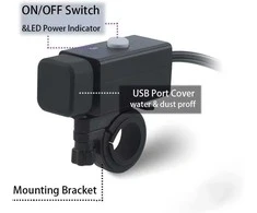 iMESTOU motociklinė USB įkrovimo stotelė, 2 x USB, 5 V 2.1 A, atspari vandeniui, su jungikliu, ck02