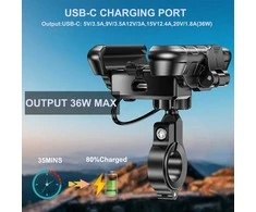 iMESTOU motociklinis telefono laikiklis su USB-C 36 W greitu įkrovimu, tinka 5.4–7.2 colių telefonams, tvirtinimas prie 12–32 mm vairo KWG-M8
