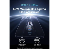 INIU automobilinis kroviklis 60 W, USB-C ir USB-A, PD 3.0, greitasis įkrovimas, metalinis, CI-710