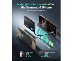 INIU išorinis akumuliatorius 10000 mAh 45 W su įmontuotu USB-C laidu, PD3.0, QC4.0, juodas