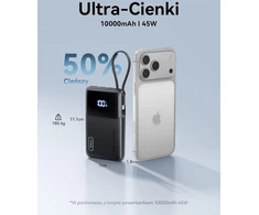 INIU išorinis akumuliatorius 45 W, 10000 mAh, USB-C kabelis, PD/QC, juoda, P55L