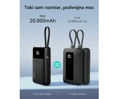 INIU P51L powerbank 20000 mAh su integruotu USB-C kabeliu, 45 W PD3.0 / QC4.0, juodas