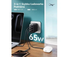 INIU USB kroviklis 65 W, 3 jungtys (2 x USB-C + 1x USB-A), greitas PD įkrovimas, GaN technologija