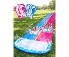 JOYIN lauko vandens čiuožykla vaikams su integruotu purkštuvu, 685,8 cm ilgio, 2 čiuožimo lentos, mėlyna, rožinė