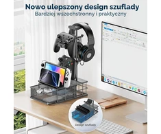 KDD ausinių ir žaidimų valdiklių stovas su stalčiumi, aliumininis, juodas