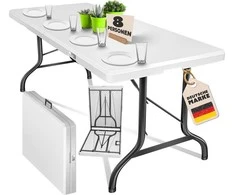 KESSER sulankstomas plastikinis bufetinis / kempingo stalas, 183 × 76 cm, baltos spalvos, metalinis rėmas