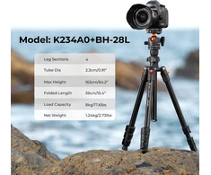 K&amp;F Concept aliuminis fotoaparato trikojis, 163 cm, 4 sekcijos, 20 kg apkrova, rutulinė galvutė, K234A0+BH-28L