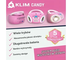 KLIM Candy Kids vaikiškas nešiojamas CD grotuvas su FM radiju, 13 W, rožinis, KCDY