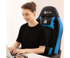 KLIM eSports žaidimų kėdė su 160° atlošu ir reguliuojamais porankiais, mėlyna