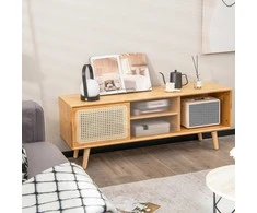 TV staliukas KOMFOTTEU bambukinė TV spintelė su stiklinėmis ir rataninėmis durelėmis, reguliuojamos lentynos, 120,5 × 31 × 45,5 cm