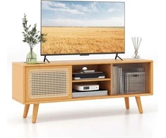 TV staliukas KOMFOTTEU bambukinė TV spintelė su stiklinėmis ir rataninėmis durelėmis, reguliuojamos lentynos, 120,5 × 31 × 45,5 cm