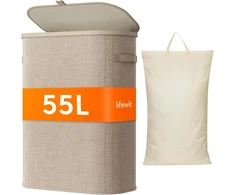 Lifewit skalbinių krepšys su dangčiu, 55 l, plastikinės rankenos, sulankstomas, smėlio spalvos