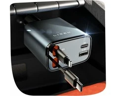 LISEN 69 W automobilinis USB-A ir USB-C įkroviklis su ištraukiamu USB-C kabeliu, 4 portų, pilkas