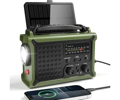 Mesqool avarinis radijas AM/FM su saulės įkrovimu, rankiniu generatoriumi ir 12000 mAh išorine baterija, IPX6, SOS, LED žibintuvėliu, USB-C įkrovimu, modelis CR1030