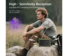 Mesqool avarinis radijas AM/FM su saulės įkrovimu, rankiniu generatoriumi ir 12000 mAh išorine baterija, IPX6, SOS, LED žibintuvėliu, USB-C įkrovimu, modelis CR1030
