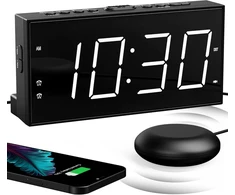 Mesqool garsinis ir vibracinis žadintuvas su dvigubu žadintuvu, USB įkrovimu, LED ekranu, MEU-1001eM-W