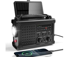 Mesqool nešiojamas avarinis radijas AM/FM su saulės įkrovimu, žibintuvėliu ir akumuliatoriumi 12000 mAh CR1030