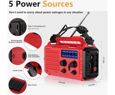 Mesqool Nešiojamas avarinis radijas su saulės įkrovimu, LED žibintuvėliu, AM/FM/SW, 5000 mAh akumuliatoriumi, rankenėle ir SOS signalu, modelis 1009-Rot