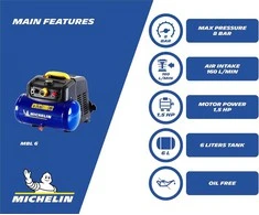 MICHELIN oro kompresorius 6 l, bealyvis, 1,5 AG, 8 bar, 160 l/min, MBL6