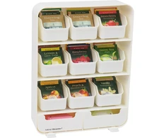 Mind Reader arbatos pakelių organizatorius su 9 skyriais ir 2 stalčiais, 26 × 8,3 × 34,9 cm, TBORG-WHT