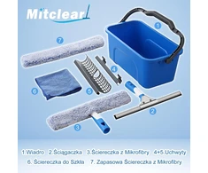 Mitclear langų valymo rinkinys su 12 l kibiru, silikonine 35 cm šluotele ir mikrofibros šluoste