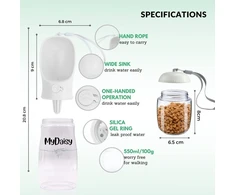 MYDAISY kelioninis vandens butelis šunims, 550 ml talpa, integruotas 100 g maisto konteineris, baltas