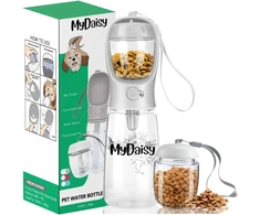 MYDAISY kelioninis vandens butelis šunims, 550 ml talpa, integruotas 100 g maisto konteineris, baltas
